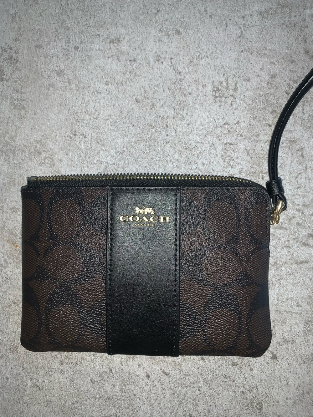 COACH Brown & Black Signature Canvas Wristlet with Gold Logo